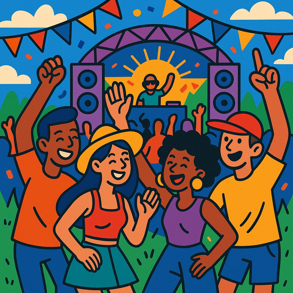 a group of friends dancing at a music festival with stage in background, festive atmosphere, playful style emoji