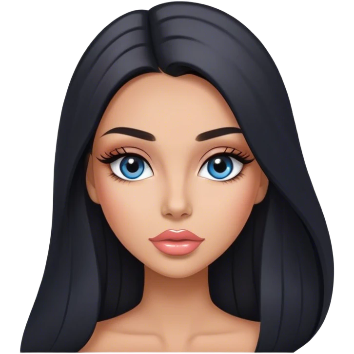 Glamours, tanned, very beautiful girl, with big pump peach-beige-rose lips, long long lashes, black straight smooth silky long hair, straight parting hair, blue-grey eyes emoji