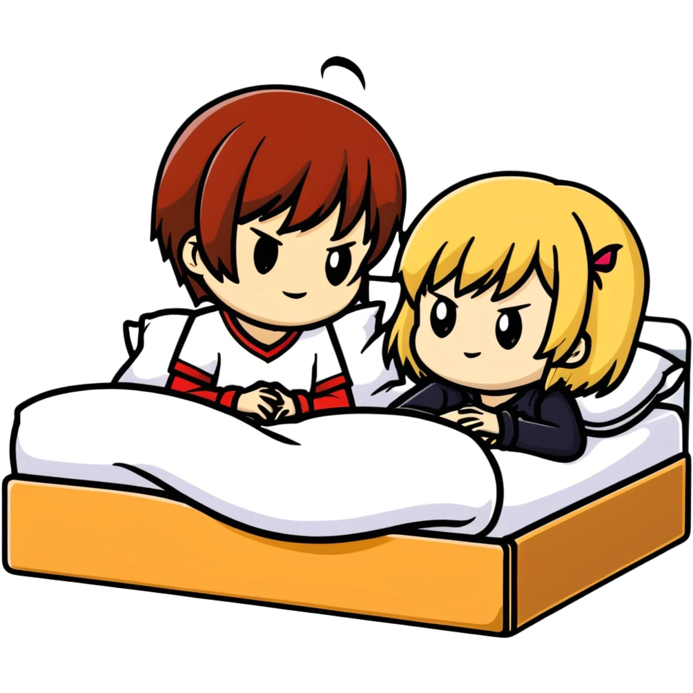 Light Yagami and Misa Amane in a bed, cartoon sticker style, close pose emoji