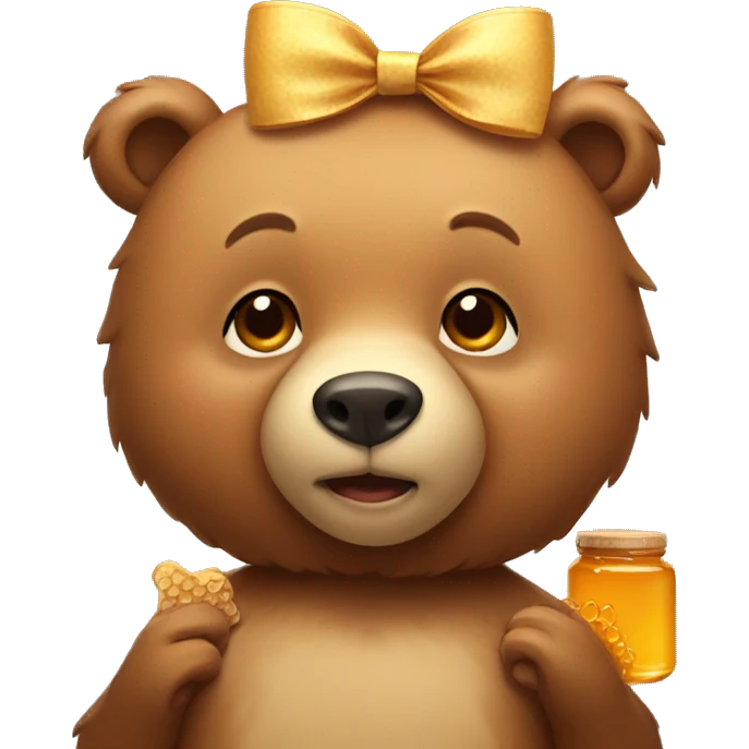 cute brown bear, beige bow on head, holding honey emoji