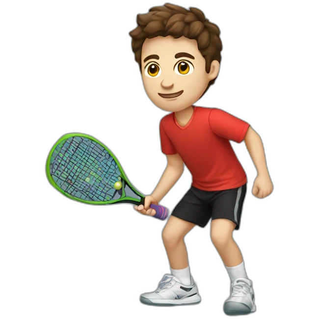 Young guy with brown hair playing pickleball full body red shirt black shorts  emoji