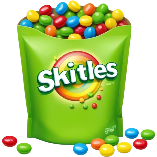 Torn open Skittles package with green candies visible inside, minimalist style with simple rainbow colors. emoji