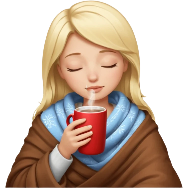 blonde girl eyes closed long eyelashes under a blanket drinking hot chocolate emoji