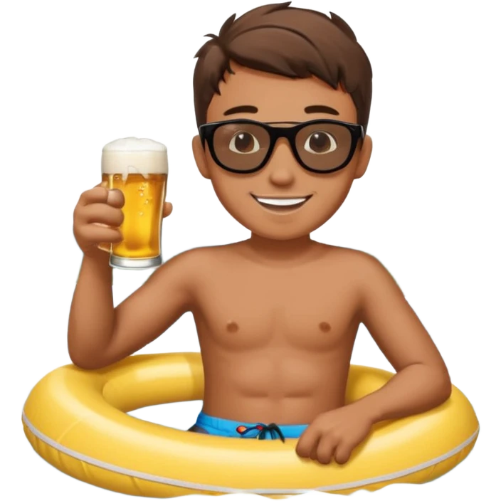 a young dude river tubing wearing sunglasses and swim trunks, drinking a beer emoji