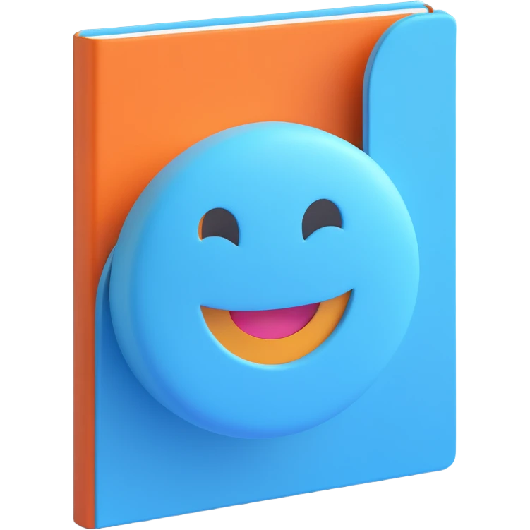 sky blue notebook with a smiling face, 3D emoji style emoji