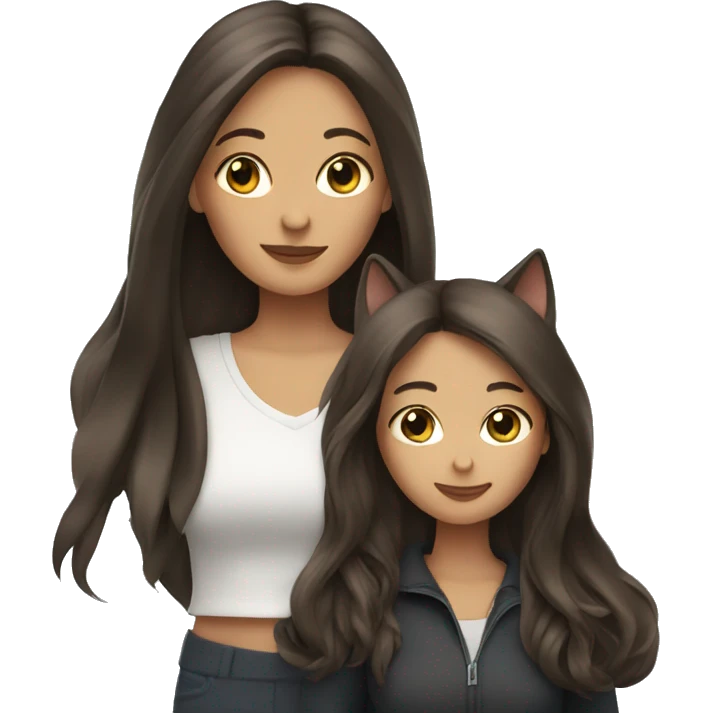 Two long hair brunette girls with TWO cats emoji