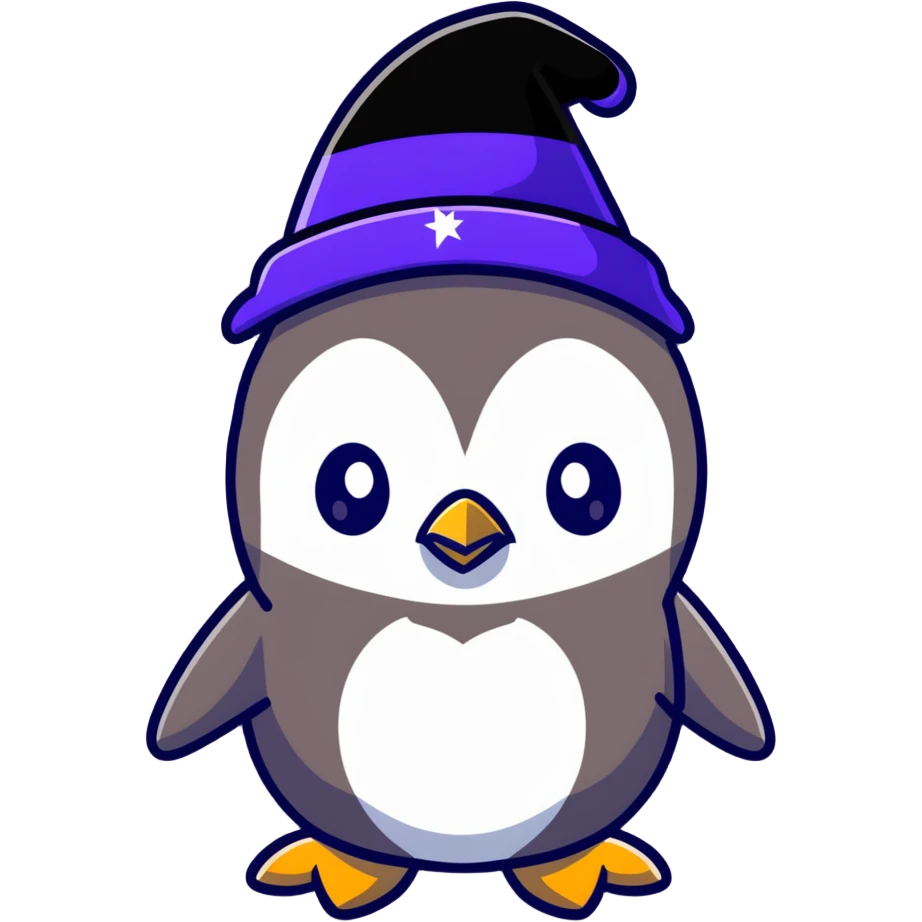 penguin wizard with a starry hat and magic effects emoji
