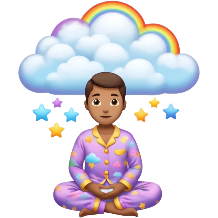 person in pajamas, magical multicolored cloud of dreams floating above emoji