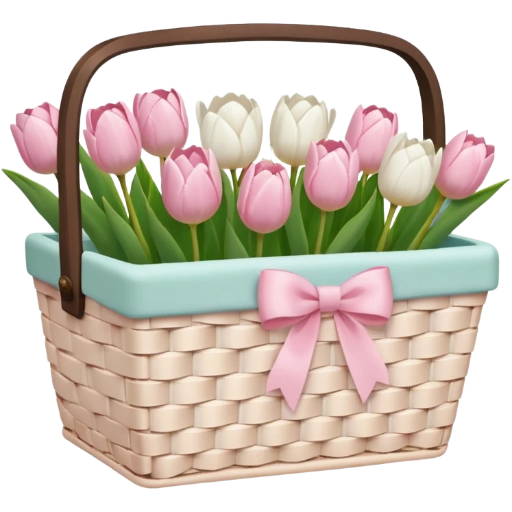 A white Picnic basket with light pink bow, white peonie, tulips emoji