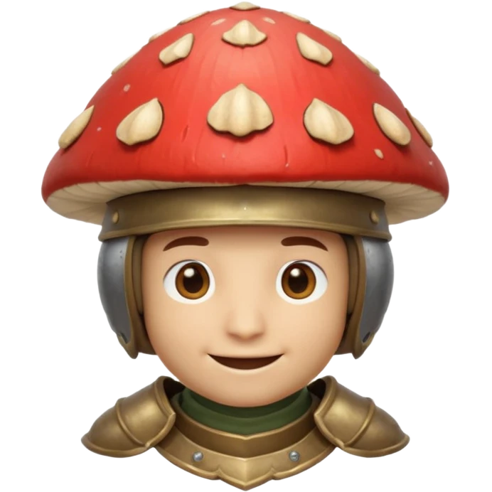 mushroom knight portrait, head and shoulders only, helmet made entirely of a large mushroom cap, textured mushroom surface, tiny fantasy armor collar, heroic smile, magical forest vibe, 3D cartoon, mobile game icon style, clean background, no text, no watermark
 
 emoji