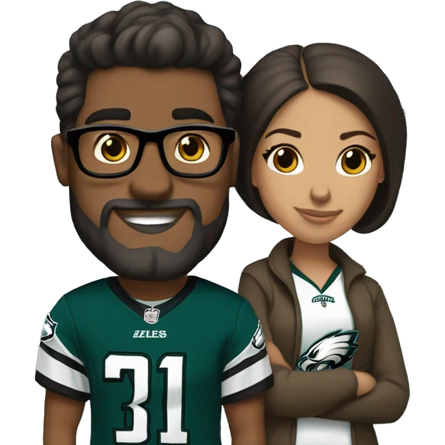 Brown guy and brown girl with glasses and hair in a bun in Philadelphia eagles clothes holding hands emoji