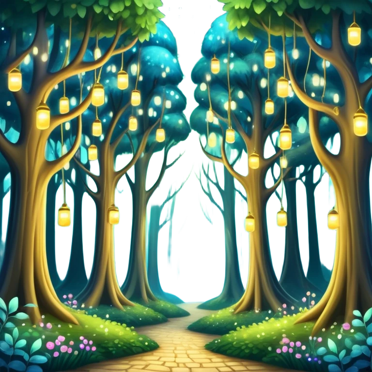 enchanted forest with tall whimsical trees and sparkling lights, fantasy atmosphere emoji