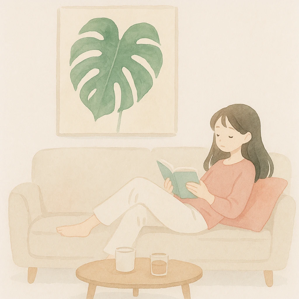 soft watercolor illustration of a cozy living room with a large striking monstera leaf artwork on the wall, a woman lying on a light gray or beige sofa with pink throw pillows reading a book, small round coffee table with drinks or items, calm neutral color palette accented by bold green botanical artwork, pastel colors, delicate linework, gentle whimsical mood, anime-inspired features, minimal soft shading, minimalist modern style emoji