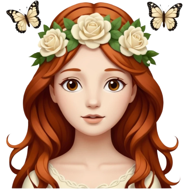 Woman with long flowing auburn hair wearing a flower crown with white and cream colored roses and butterflies in it emoji