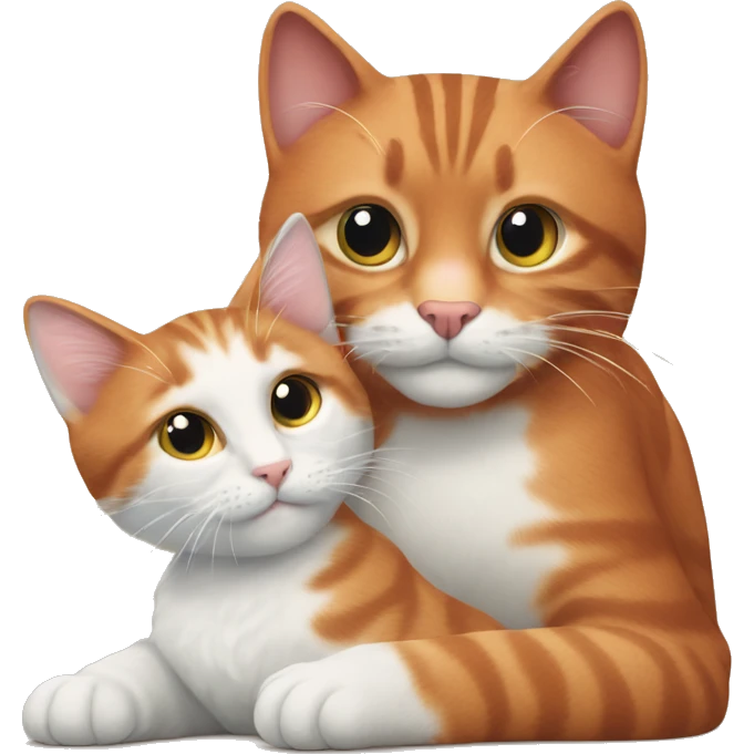 A big red cat playing with a small white-red-gray cat emoji