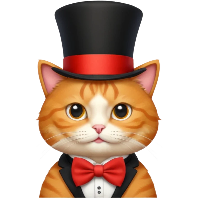 Cute emoji-style orange tabby cat wearing a black top hat with a red band and a red bow tie, big round eyes, fluffy fur, clean mascot style, centered, transparent background, 1:1 ratio. emoji