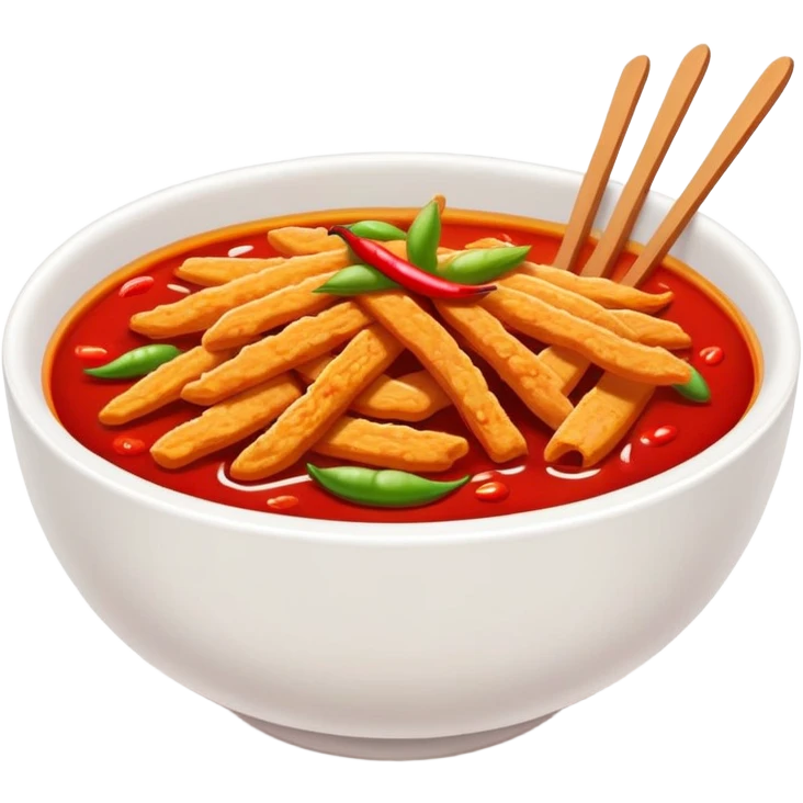 Spicy Gluten Strips in bowl with red chili oil, simplified emoji style with bold outlines and bright colors, cartoon style Chinese street food Mala Jisi emoji