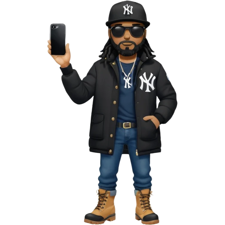 African American man with shoulder length black dreadlocks with black beard wearing black sunglasses wearing a black New York Yankees logo baseball cap wearing a black bubble winter coat wearing denim skinny jeans and Timberland boots with on hand in his pocket and on hand raised emoji