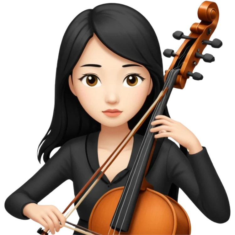 asian woman with black long hair and long eyelashes playing cello emoji