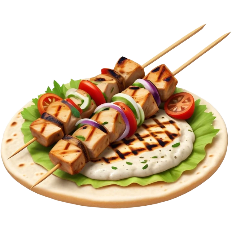 cinematic-realistic-souvlaki-dish-emoji,-showcasing-skewered,-grilled-chicken-with-mediterranean-spices-rendered-with-dynamic-textures-and-warm,-appetizing-lighting on pita bread emoji