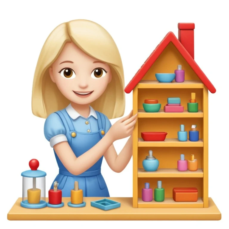 smiling girl arranging furniture in doll house emoji