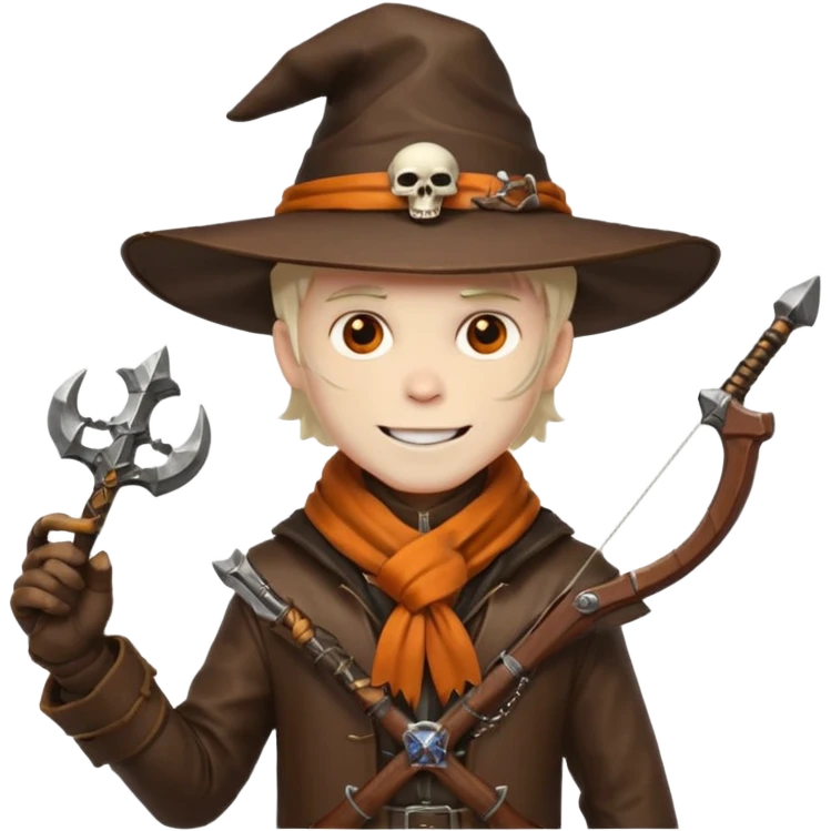 male human monster hunter emoji, wearing brown leather coat and wide hat, holding crossbow, with amulet shaped like skull, Halloween fantasy theme, confident smile, orange scarf, Apple emoji style, clean white background, square image emoji