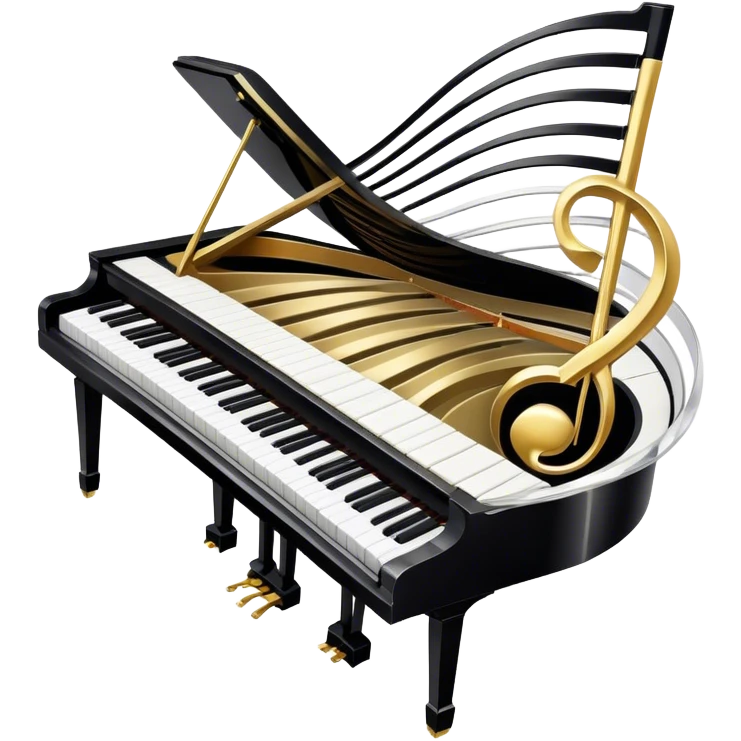 Create an elegant and festive emoji collage representing keyboard instruments, styled like a heraldic emblem. The design should feature a central focal point of black and white piano keys, arranged in a semi-circular or shield-like shape. Around the piano keys, add intertwining musical notes that form flowing ribbons, creating a dynamic and celebratory atmosphere. The design should be professional, with polished silver and gold accents on the keys and notes, highlighting the luxury and sophistication of the instruments. Add subtle shading and lighting effects to give the design a refined, 3D appearance. The background should remain transparent, and the overall feel should evoke grandeur, artistry, and a sense of celebration. emoji