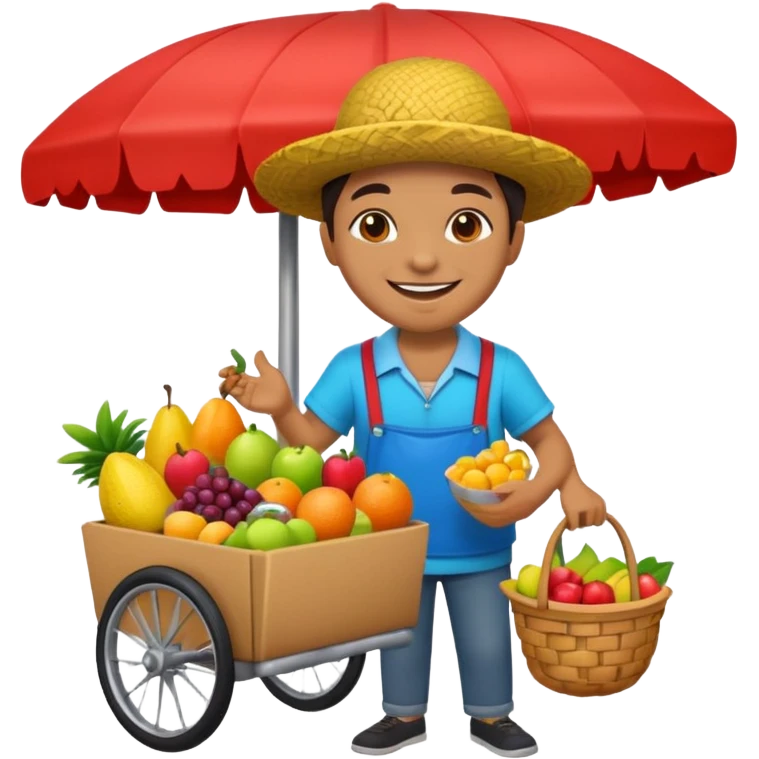 3D emoji illustration of a Peruvian street vendor, selling fruits and snacks on the sidewalk, smiling, urban neighborhood in background, bright colors, cartoon style, bold outlines, glossy sticker, transparent background emoji