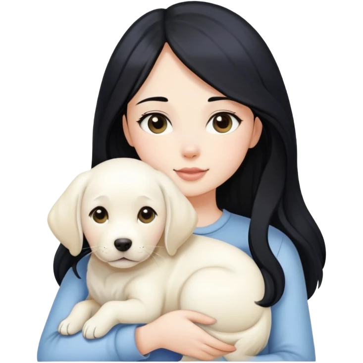 A beautiful girl with long black hair and fair skin is holding a white Labrador emoji