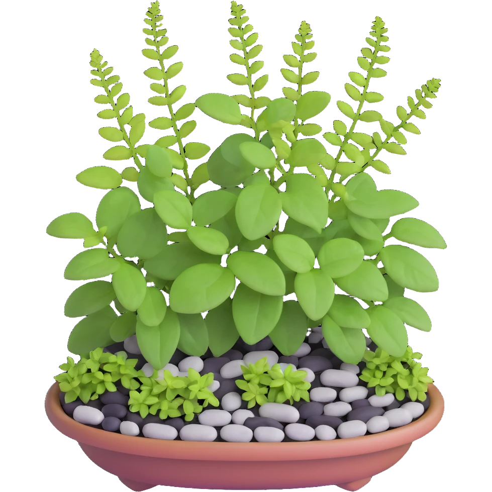 Miniature dish garden with young Plectranthus Verticillatus plants with perfectly round leaves arranged with small pebbles and moss emoji