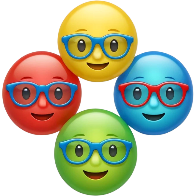 Cute 3D cartoon emoji sticker of a plastic glasses and ball game with three glossy 3 plastic glasses (blue, green, red) and a yellow ball, soft lighting, smooth shadows, playful, white sticker outline, transparent background, high resolution. emoji