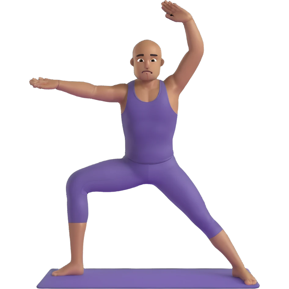 man doing warrior pose yoga with arms stretched out, legs in lunge position emoji