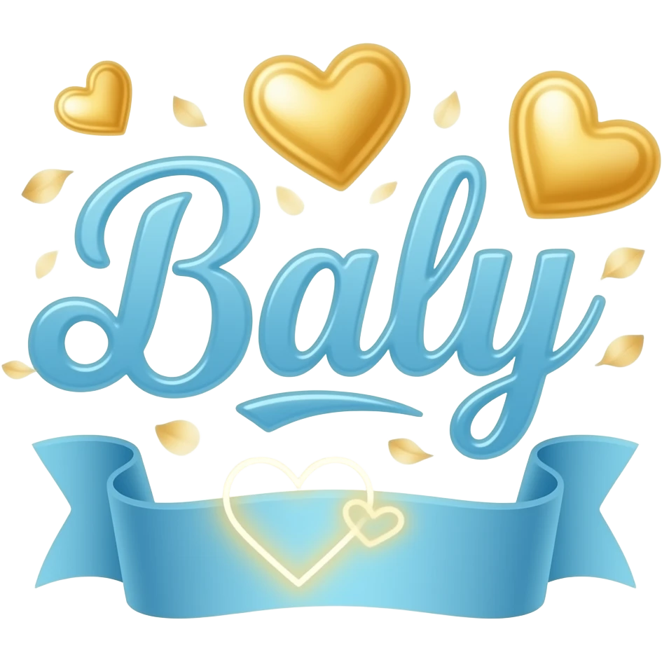 A sleek, sky blue text 'Baly' decorative symbols, adorned with satin ribbons and glowing neon-colorful hearts. Surrounded by floating golden blossom petals and golden bokeh. Vibrant, modern, and feminine with a cinematic glow emoji