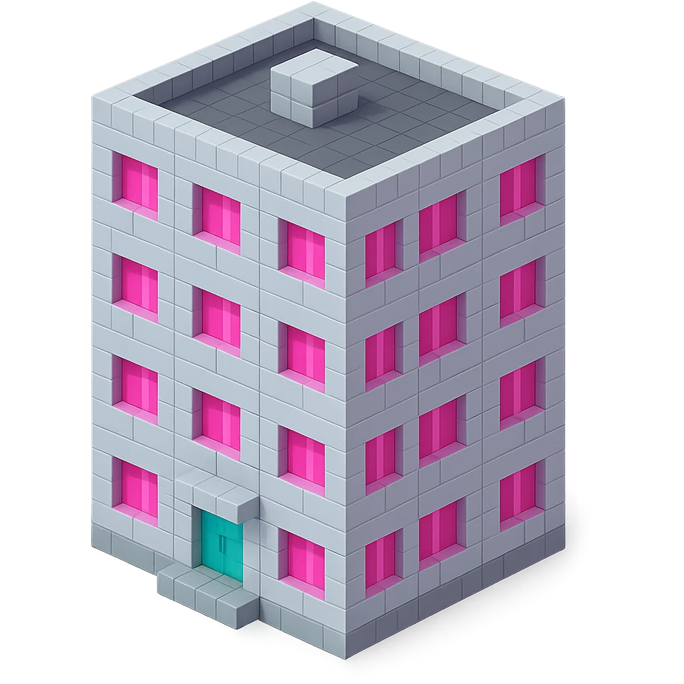 Russian panel apartment building, square block, light gray, large pink windows, isometric view emoji