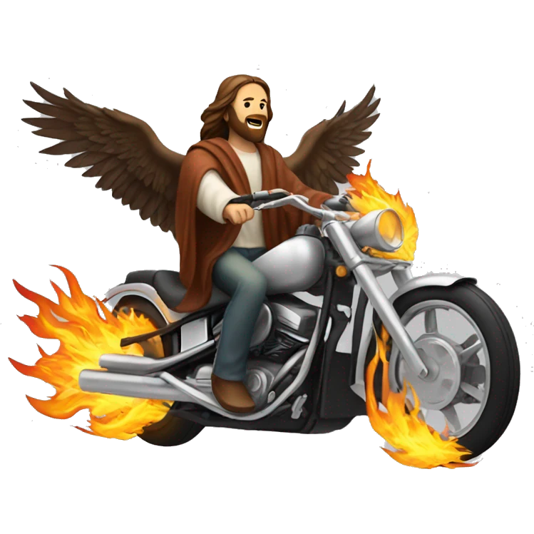 Jesus riding a flaming motorcycle with eagles all round him emoji