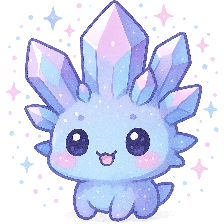 kawaii chibi crystal sprite creature, pastel purple and blue, pink highlights, magical aura, chibi face emoji