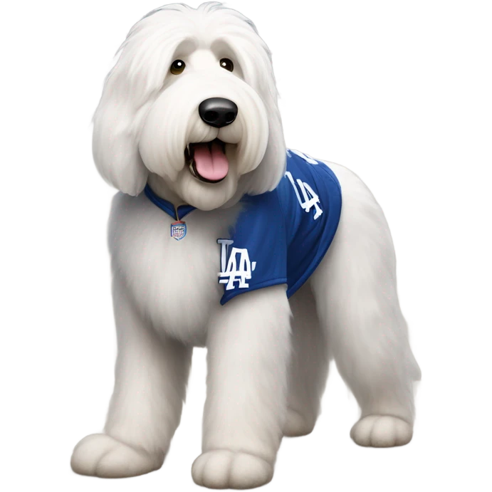Old English Sheepdog full height wearing a Los Angeles dodgers jersey emoji
