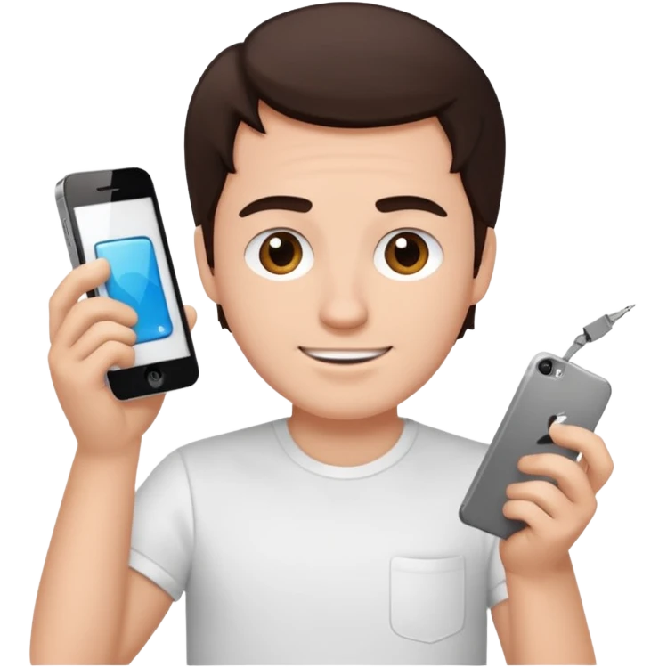 make a white guy with dark brown hair, with a simple white o grey shirt, repairing an iphone, un tecnico happy emoji
