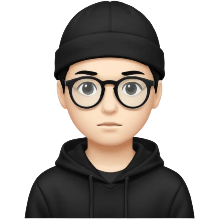 teenage boy (black hair, white skin, black eyes) wearing black glasses (nerd) and hide all his hair under a cap. wearing normal hoodie emoji