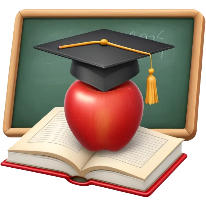 An icon featuring an open book, a chalkboard with lesson plans, and a pencil, symbolizing education and pedagogy. The design includes an apple and a graduation cap, representing teaching and learning. Transparent background highlights the growth and development in education. emoji