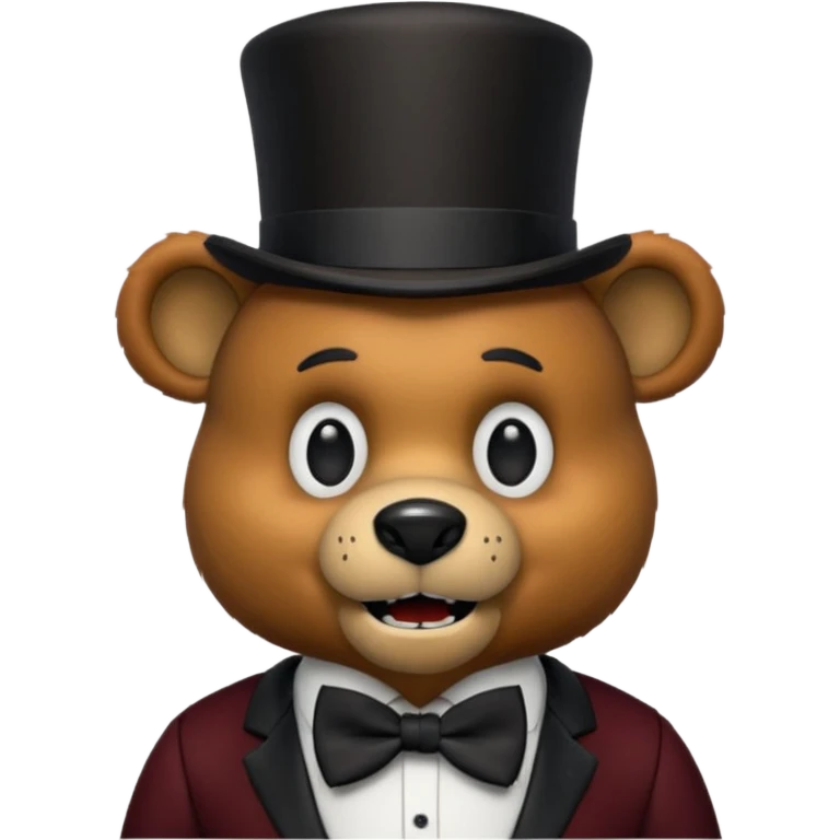 Freddy Fazbear from Five Nights at Freddy's as a cute emoji, brown bear animatronic, black top hat, bow tie, friendly expression, simple background emoji