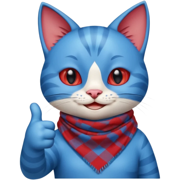 A Cute Blue Cat smiling and giving thumbs up, wearing red Checkered Triangle scarf emoji