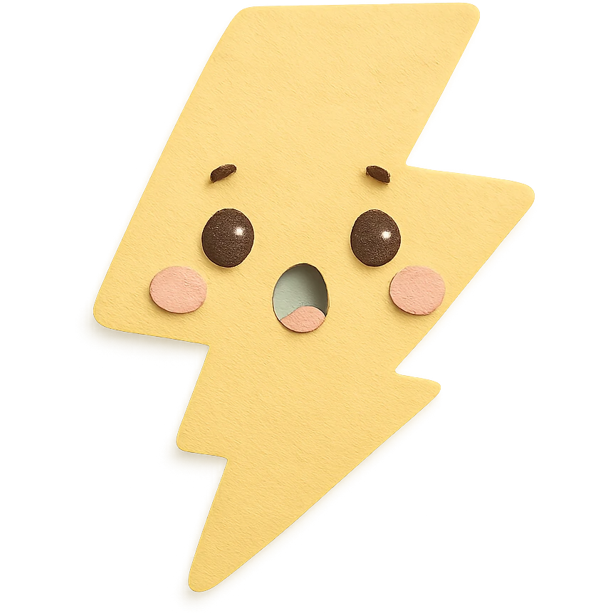 kawaii yellow lightning bolt, surprised face, no arms or legs, full body, soft pastel palette, paper craft style emoji