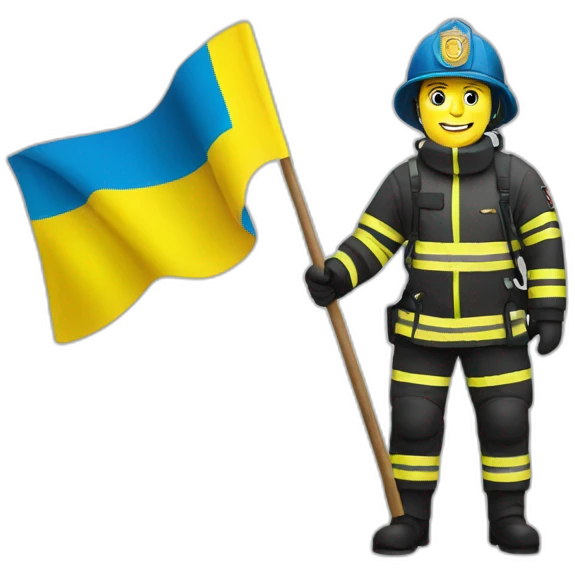Ukrainian firefighter with the flag of Ukraine puts out the fire emoji