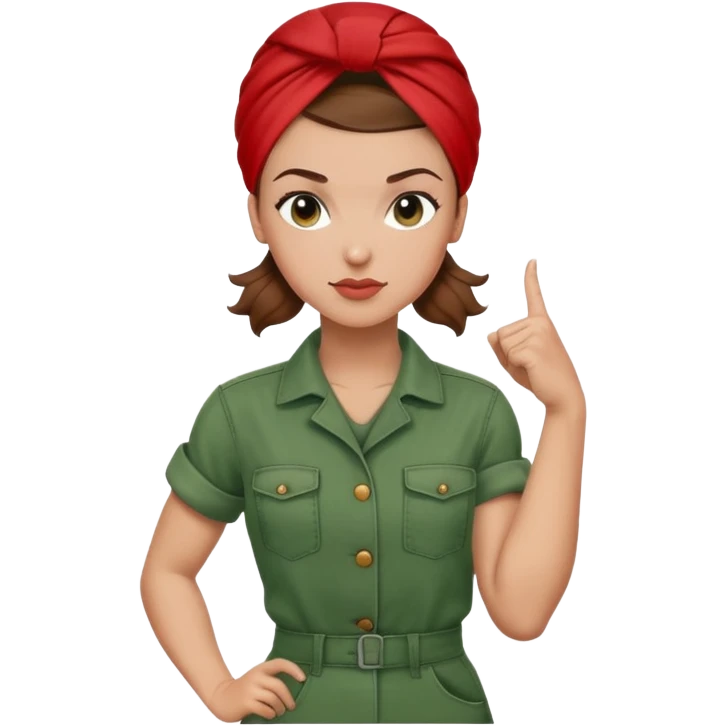 Rosie the riveter with a strong arm pose, green coveralls, lightskin with brown eyes, brown hair, classic headscarf solid red emoji
