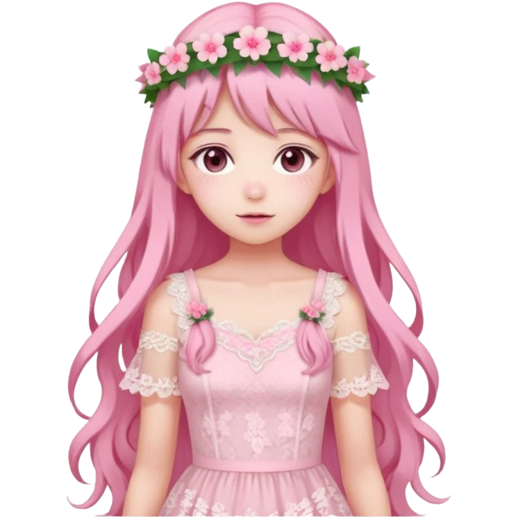 pastel anime woman with pink and white lace dress full body and long hair with flower crown emoji