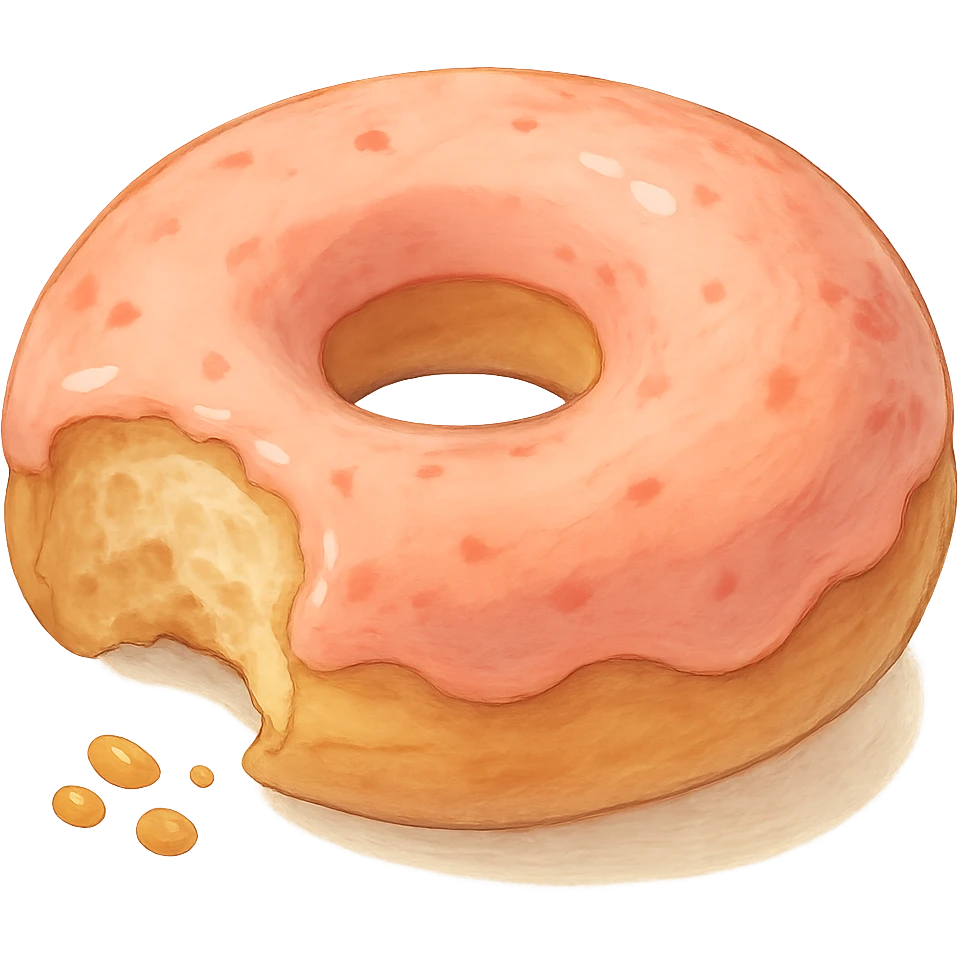 A bitten donut in Ghibli style, detailed, soft pink colors, with no background emoji