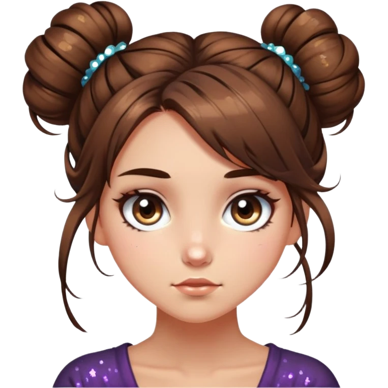 girl with long brown hair with messy bun, chaotic sparkle eyes emoji
