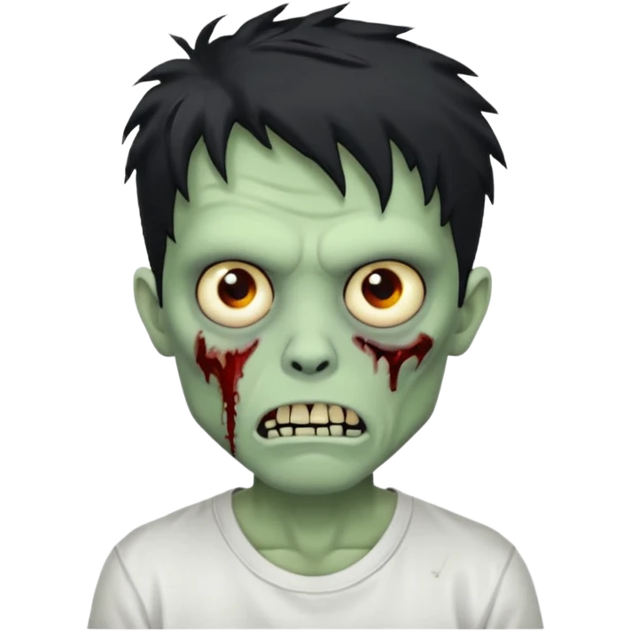 Rosto de frente classico de zombie boca meio torta cabelos medios pretos bagunçados low fade com pele verde clara camiseta branca emoji