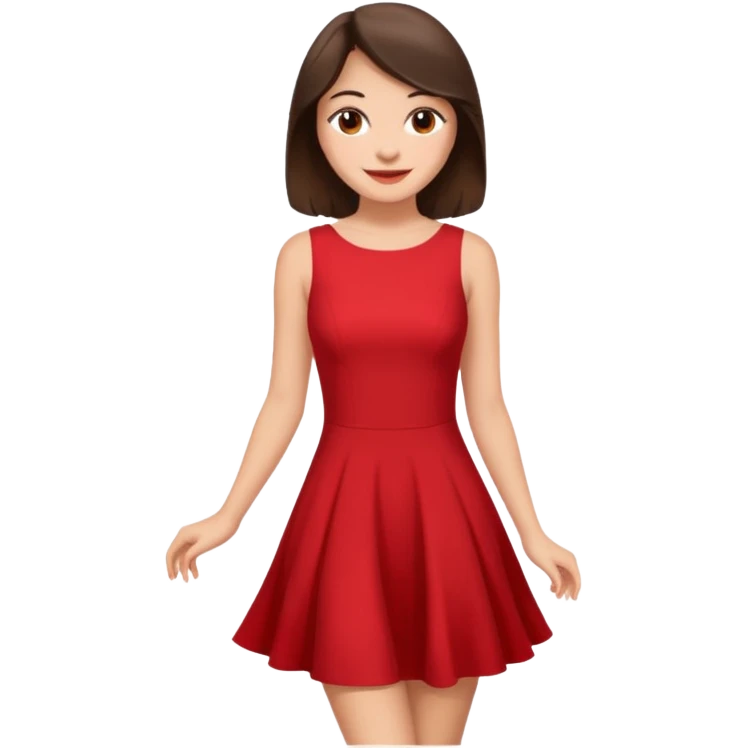 Cartoon emoji of a young brunette woman with fair-medium skin, brown eyes, wearing a red outfit. Full-height, standing confidently in a red dress  posing sexy with a smile and relaxed posture. Smooth, friendly, stylized, make up on, flirty eyes and smile in a sexy position  emoji